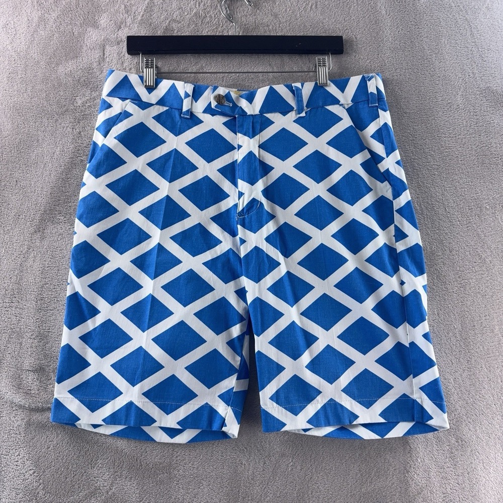 Loudmouth Golf Shorts Mens Size 34 Blue White Geometric Joxs Flat Front Stretch